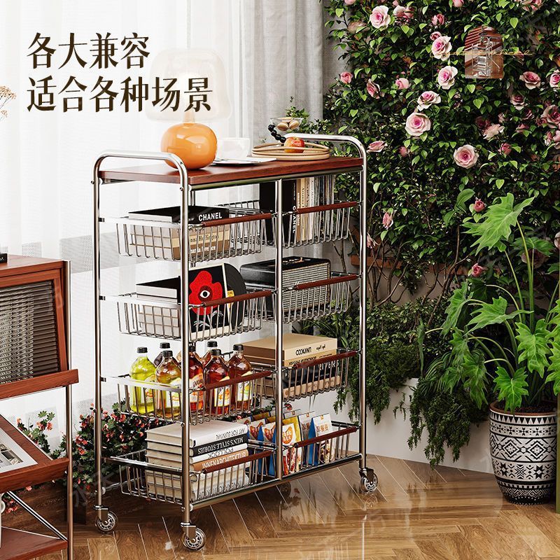 零食小推车家用客厅移动中古收纳架带轮厨房蔬菜置物架落地菜篮子