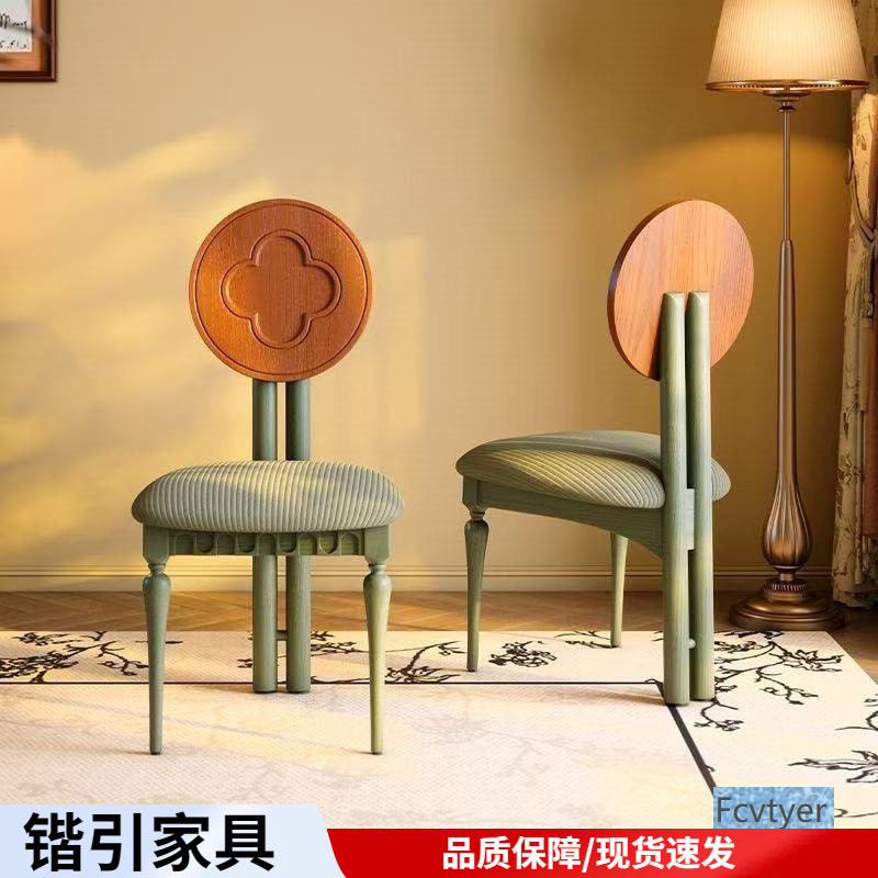 锴引复古餐椅法式中实木餐椅靠背椅小户型白蜡木家用餐厅古风布客