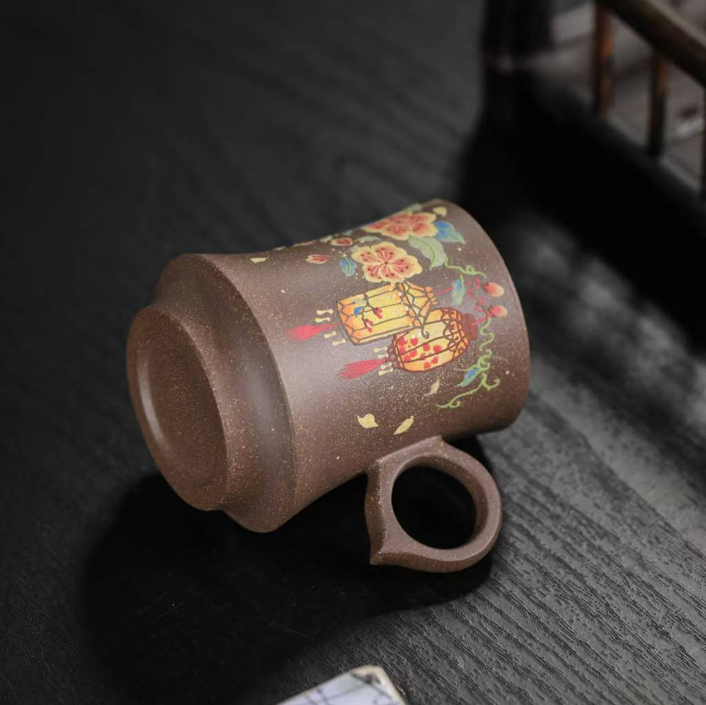 宜兴紫砂主人杯带把杯防烫手创意泥绘主人杯紫砂杯办公杯茶具
