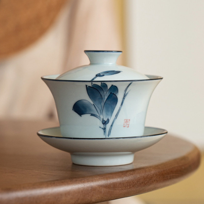 手绘三才盖碗大号茶杯功夫手抓陶瓷仿古青花泡茶器茶具玉兰花