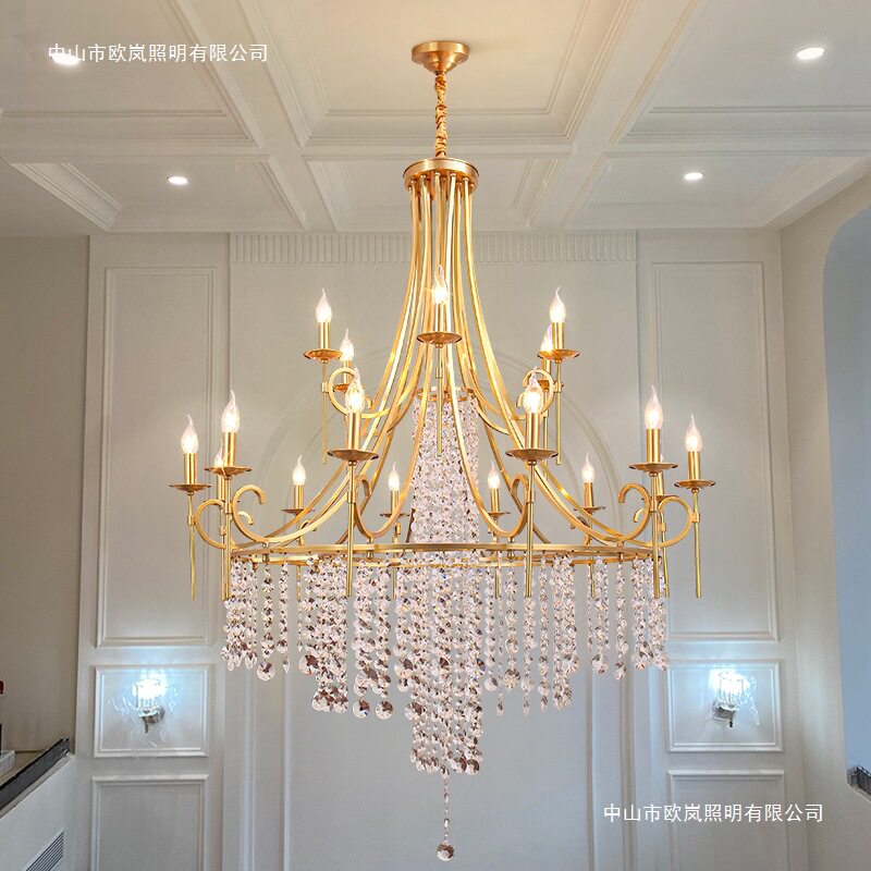 轻奢复式楼大吊灯别墅挑空客厅2025新款楼中楼中空水晶全铜楼梯灯