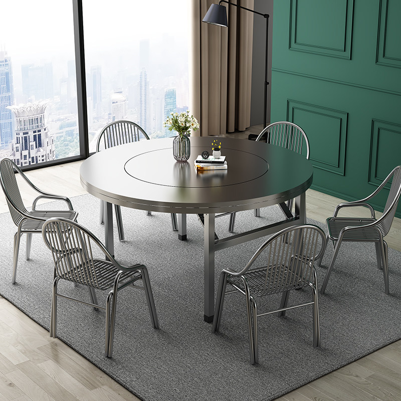 W6304加厚全不锈钢转盘圆桌可折叠圆台面食堂家用商用餐桌吃饭桌