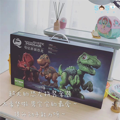 S[OSO全球]QUN FENG TOYS拆装恐龙三合一礼盒装 电动电钻组装玩具