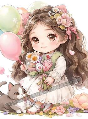 放气球的小女孩鱼猫咪治愈贴画室内装饰温馨贴画冰箱浴室马桶贴画