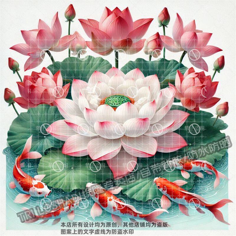 荷花锦鲤防水贴纸墙面瓷砖门窗衣柜好运莲莲自粘贴画遮瑕补洞贴纸
