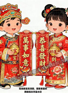 万事如意恭喜发财金童玉女门贴