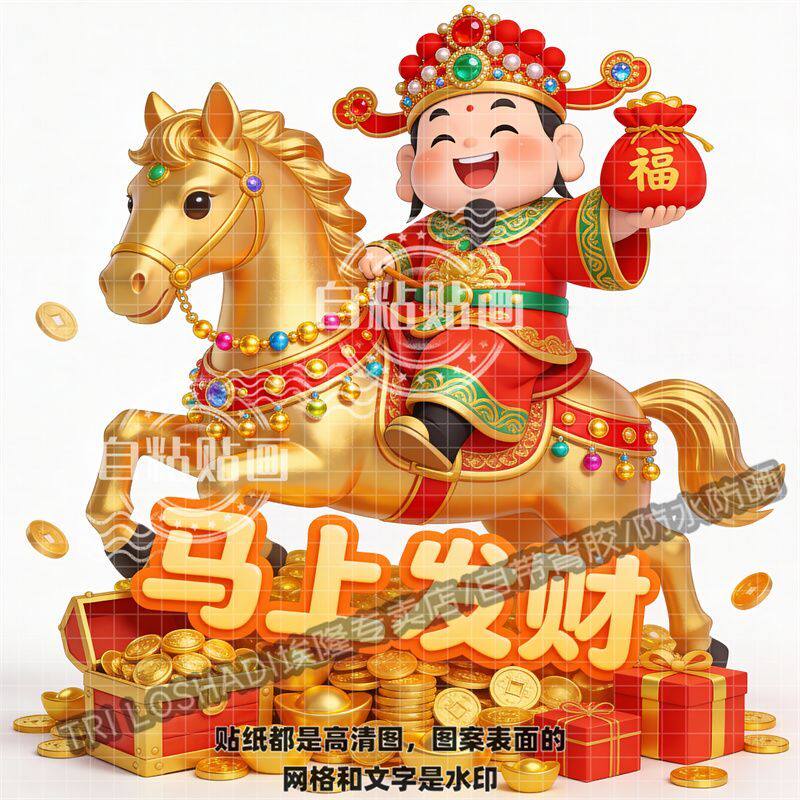 马年财神爷骑金马送福贴纸马上发财贴画墙面门窗过年喜庆好运贴画