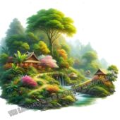 治愈绿色唯美风景贴画墙上客厅装 饰小河流水贴画冰箱马桶贴纸自粘