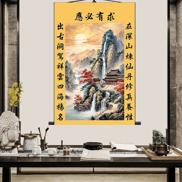 画山水画挂画堂堂家佛道仙新款有求必应暗暗堂背景仙招财暗佛堂单