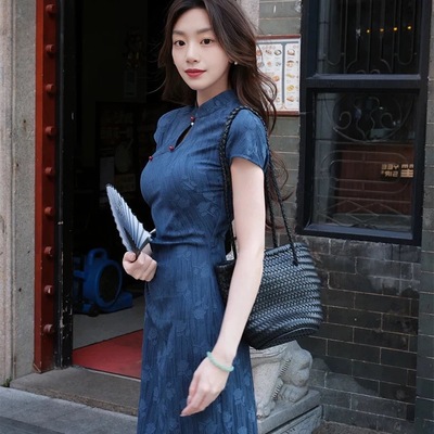 【赠送运费险】蓝色旗袍连衣裙女