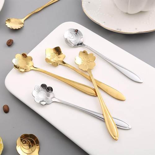 日式卡通咖啡小勺子韩式金色搅拌勺长柄不锈钢樱花勺水果叉甜品勺