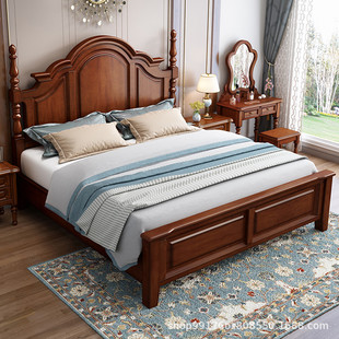 美式实木床桃花芯木1.8米双人床实木现代简约卧室储物高箱婚床