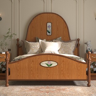 美式 乡村实木复古双人床简约卧室复古高靠背手绘郁金香1.8m花窗床