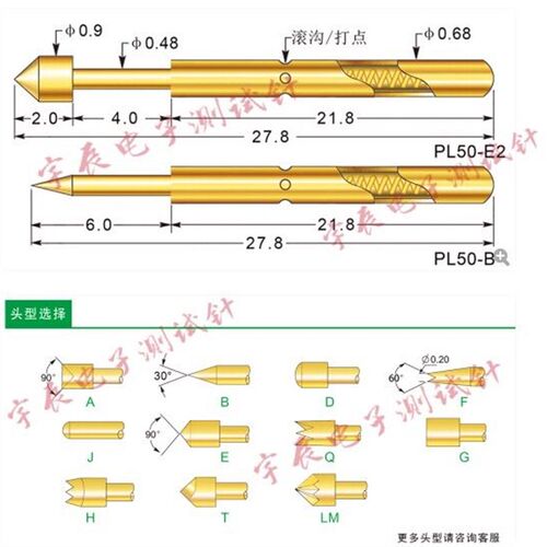 华荣探针PL50/PAL50-A2 B1 D2 E2 F G2 H2 J1 LM Q T0.9测试探针