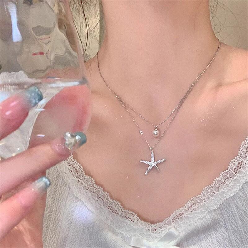 Starfish Pearl Necklace for Women双层海星珍珠项炼 炼 女锁骨