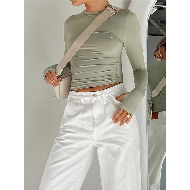 Fashion Women T-shirt Long Sleeve Crew Neck Solid Slim Fit L