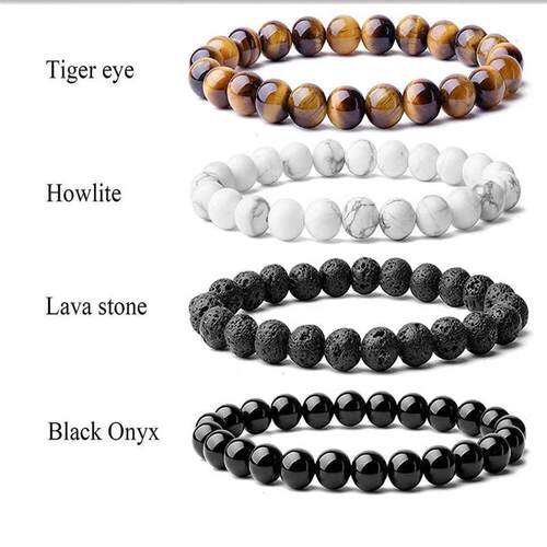 Beaded Bracelet 8mm Natural Stone Beads Black Onyx Lava Tige