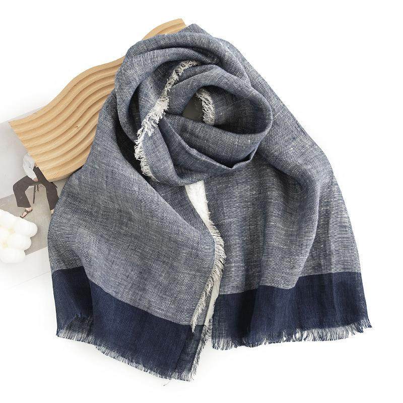 日系时尚百搭牛仔色棉麻围巾中长款简约披肩遮阳短须围脖定制
