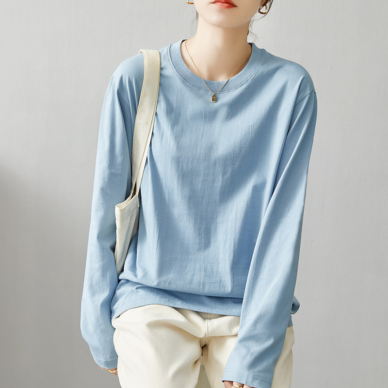 纯棉长袖t恤女秋季2023新款女装大码内搭上衣宽松全棉打底衫秋冬
