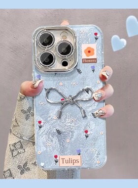 金属银蝴蝶结适用苹果16PROMAX手机壳iphone15/14Pro冰川纹华为mate60pro女Pura70荣耀300新款Reno13/S20小米