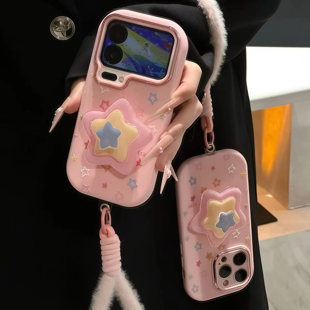 彩色星星适用苹果17ProMax金属小胖妹壳华为Pura80Pro粉荣耀400支架OPPOReno14挂绳vivoS30软小米15女红米K80