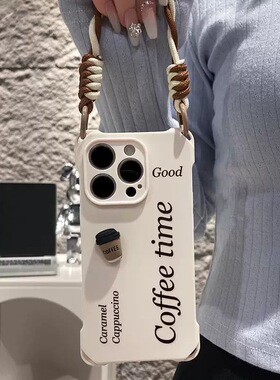四角英文coffee适用苹果15promax手机壳16pro新款女神14/15plus时尚13pro防摔12个性11创意x/xr公仔xsmax手绳