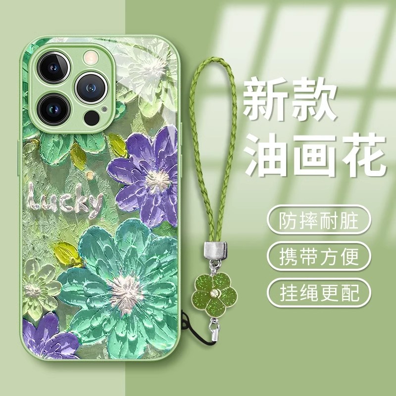 油画花适用苹果16PROMAX手机壳iphone15/14PRO新款华为mate60金属漆玻璃壳荣耀200/Pura70小米15Reno13女S20