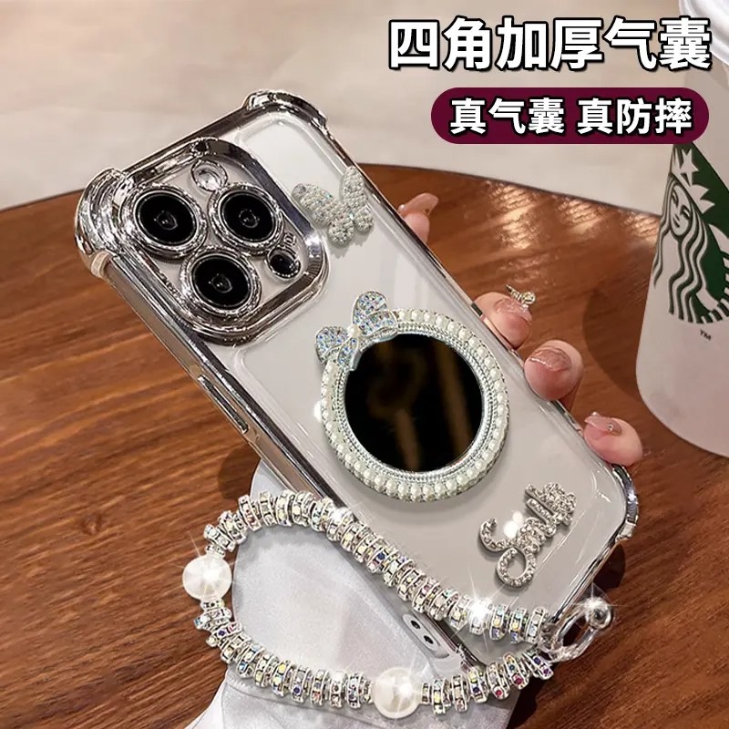 蝴蝶镜子适用苹果16ProMax手机壳华为Pura80简约荣耀400潮vivoS30带手链oppoReno14女小米15四角防摔红米K80