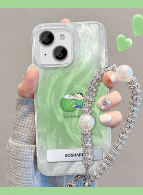 羽纱支架小新吃西瓜&喝椰子适用苹果15手机壳iPhone14/13promax小新8se7s6plus夏日12防摔11pro清新xsmax手绳