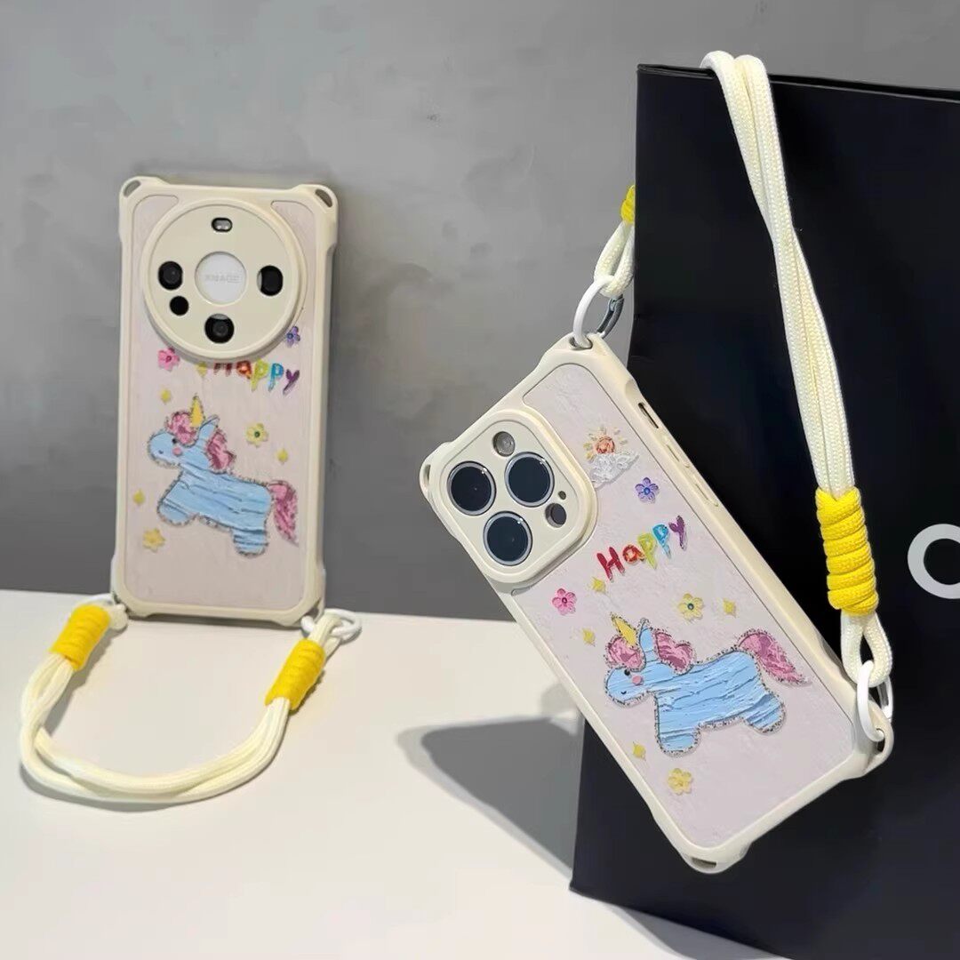 油画独角兽适用苹果16 Pro手机壳华为mate70四角挂绳荣耀400新款Reno14保护套S20带短挂绳小米15超火红米K80