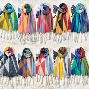 围巾冬季加厚保暖几何三角拼色欧美风仿羊绒辫子流苏外贸时尚百搭