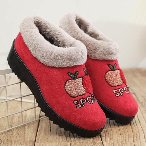 苹果图案22冬季家居女款棉鞋老北京布鞋女休闲加绒保暖女棉鞋