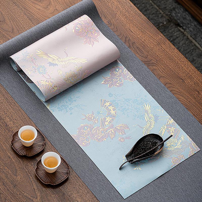 浮雕织金双面茶席防水双层干泡席粉色新款桌旗精美长款中式茶桌垫