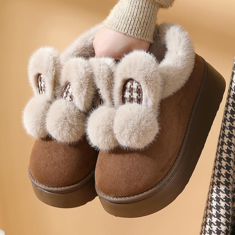 时尚大毛口棉拖鞋女冬季外穿可爱兔耳朵室内居家加绒保暖包跟棉鞋