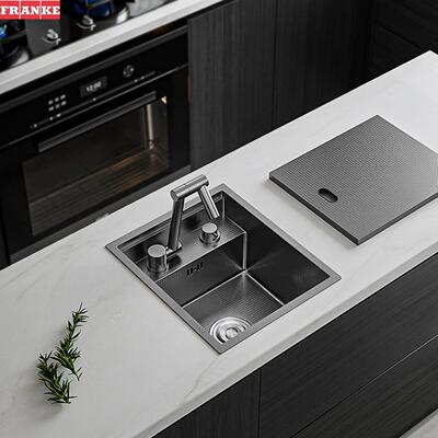 弗兰卡隐藏式黑色304不锈钢压纹水槽单水槽吧台隐形带盖板中岛迷