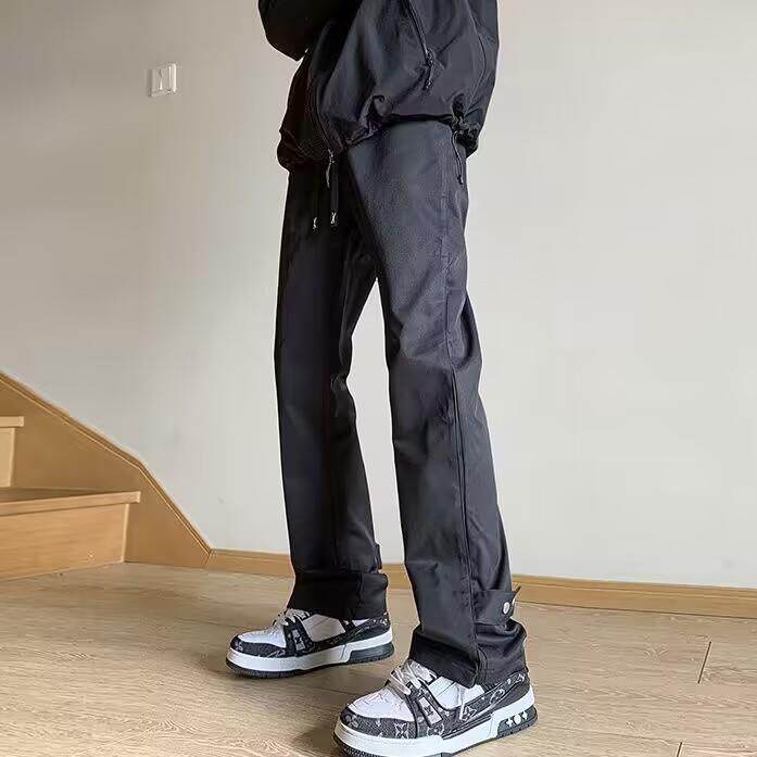 黑色冲锋裤男秋冬潮牌工装加绒登山滑雪长裤美式高街机能微喇裤子