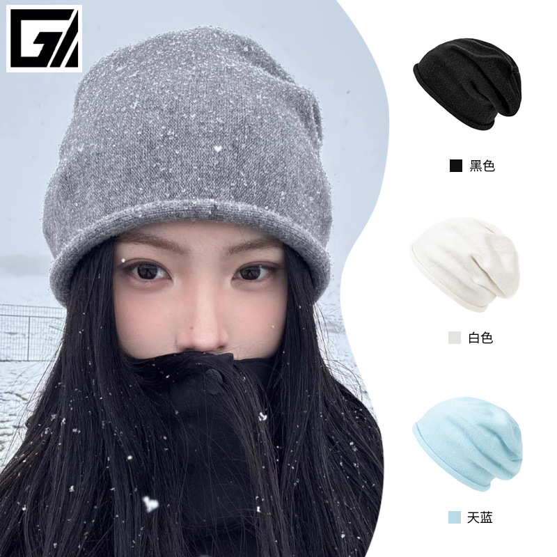 卷边兔绒堆堆帽女防风保暖帽显脸小包头帽薄款月子帽卷边针织帽子