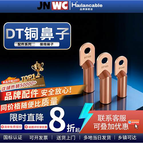 JNWC江南铜鼻子DT16/35/50/70/95/120平方接线端子铜线耳接头国标