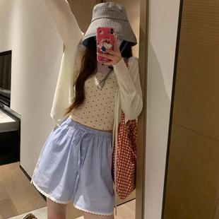 高腰抽绳透气速干甜辣运动阔腿沙滩裤 女夏季 蓝色条纹休闲短裤 美式