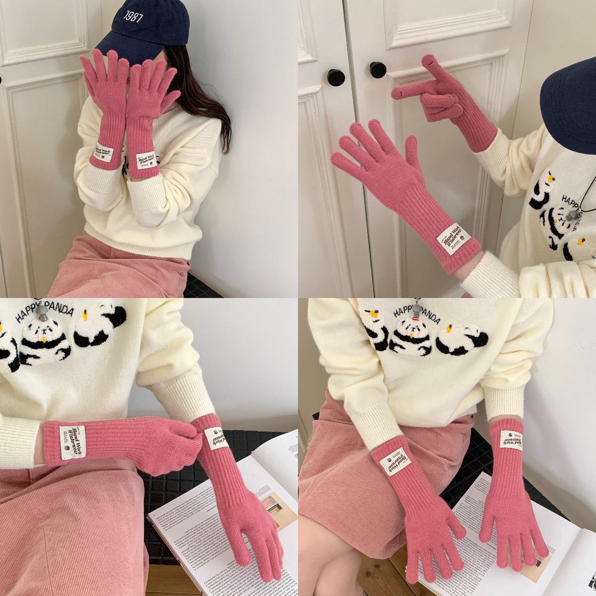 冬季女款保暖手套五指触屏露指保暖纯色针织长款防风骑行韩版百搭