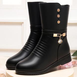 平底中筒靴加绒保暖女士靴子中老年女靴子 妈妈棉鞋 跨境秋冬季 新款