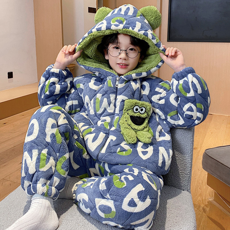 儿童睡衣男孩2024新款秋冬季三层夹棉加绒加厚冬款男童珊瑚绒套装