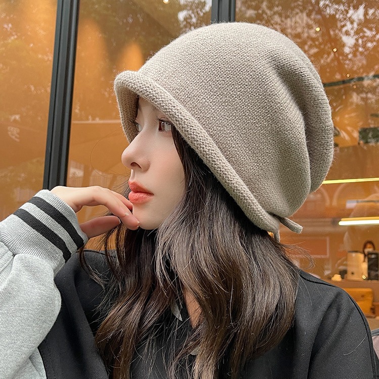 网红堆堆帽女秋冬季显脸小包头冷帽月子帽大头围保暖针织毛线帽子