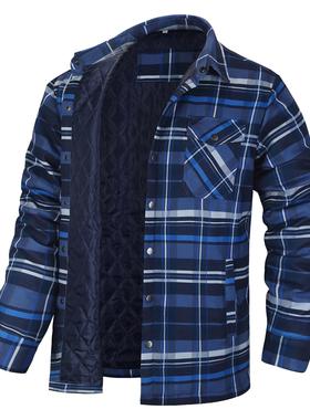 欧美男装外套2024新款亚马逊速卖通长袖翻领格子加厚衬衫男装夹克