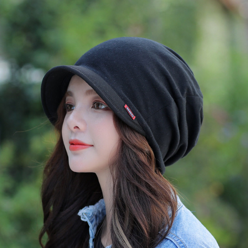 时尚新款帽檐套头帽子女士纯色棉质针织月子帽包头贝雷帽 秋冬季