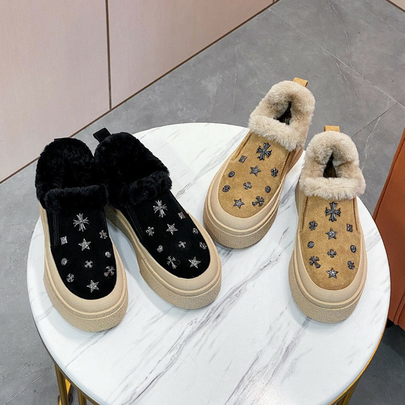 加绒保暖毛毛乐福鞋女冬季加厚棉鞋厚底一脚蹬懒人雪地靴厚底增高