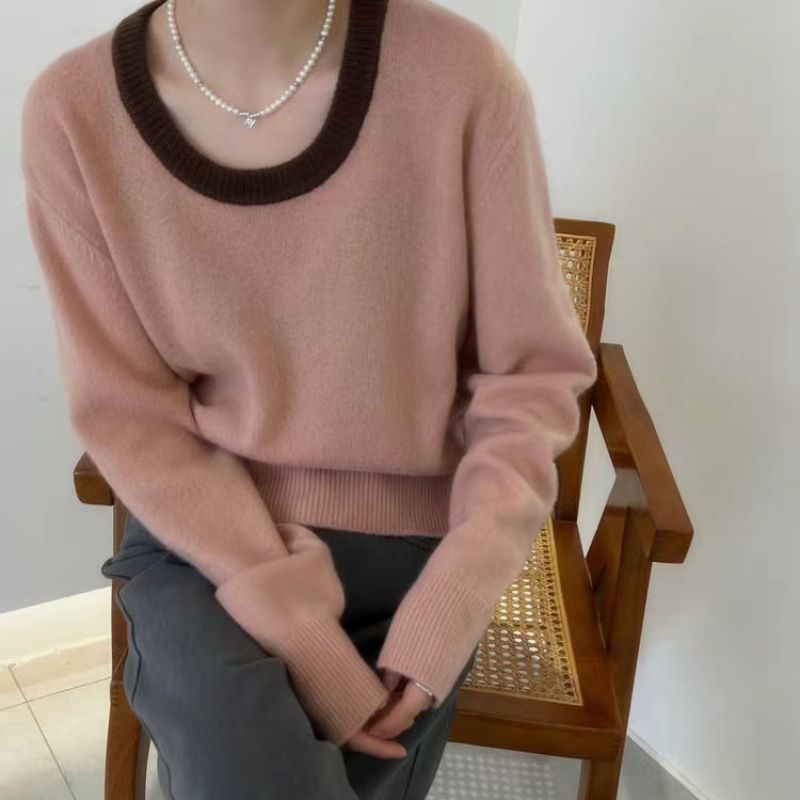 35%羊绒衫撞色款女羊毛衫打底宽松秋冬保暖休闲舒适套头圆领