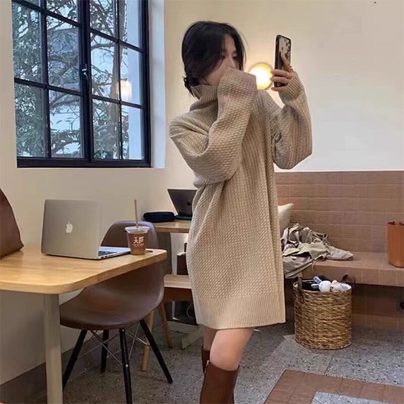 30%羊绒衫长款羽绒服内搭连衣裙秋冬新款加厚宽松慵懒风高领毛衣