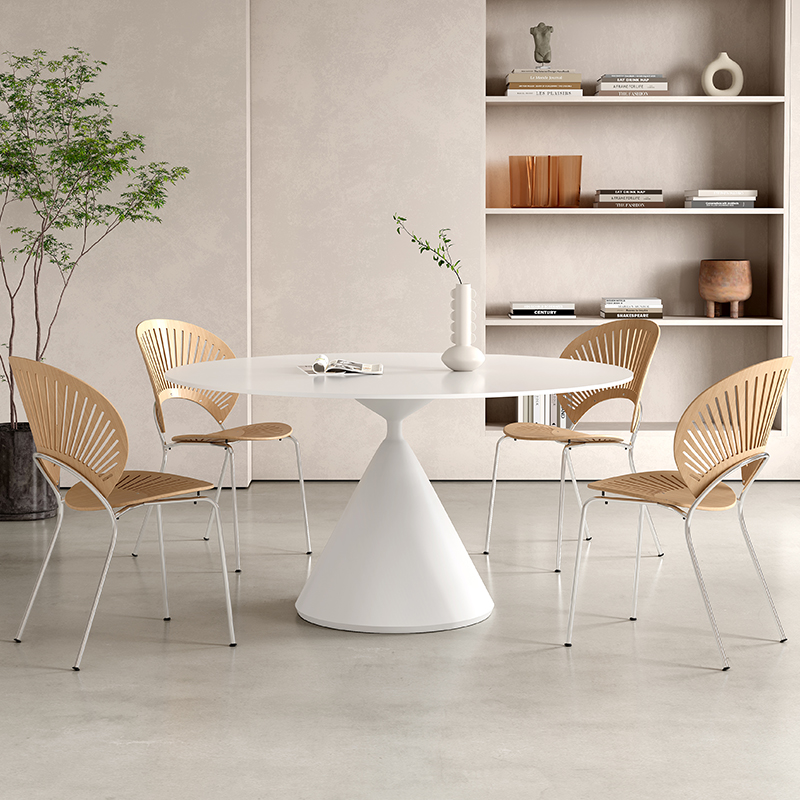 网红奶油风圆桌纯白岩板哑光面带转盘家用小户型现代简约圆形餐桌