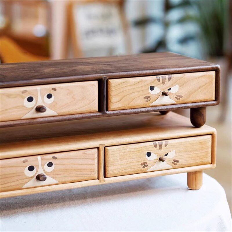 小猫狗双全电脑显示器增高台支架带抽屉实木收纳柜底座办公室桌面